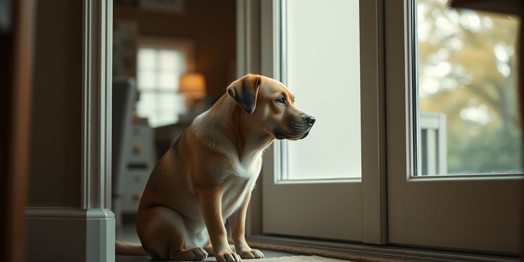 Sad dog sitting alone by door