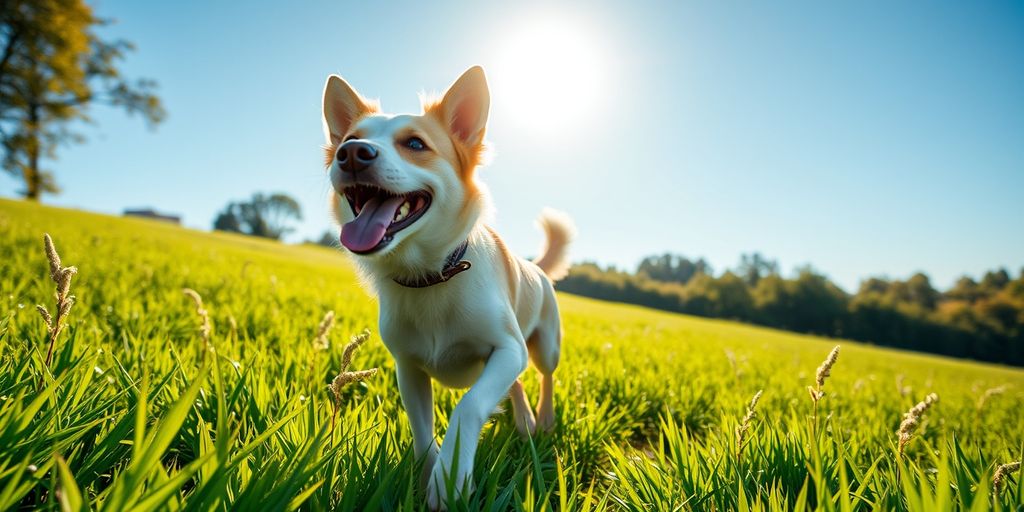 Happy dog running in a sunny field