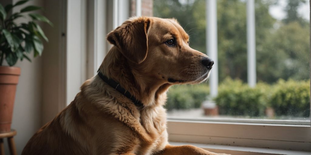 Sad dog sitting alone by window.