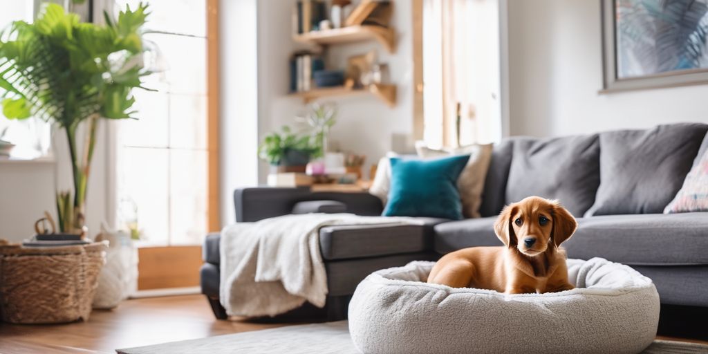 Puppy on a dog bed in a living room