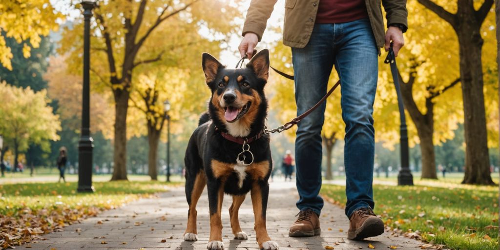 Dog on leash walking with owner in park