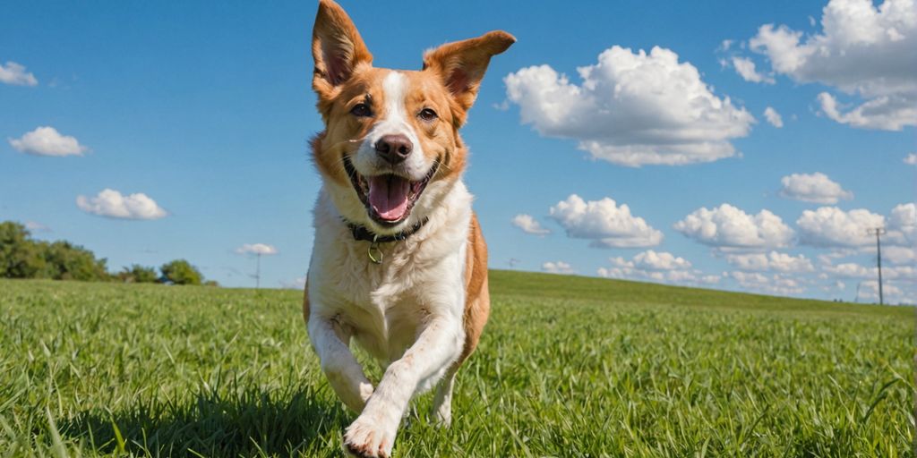 Healthy dog running in a grassy field