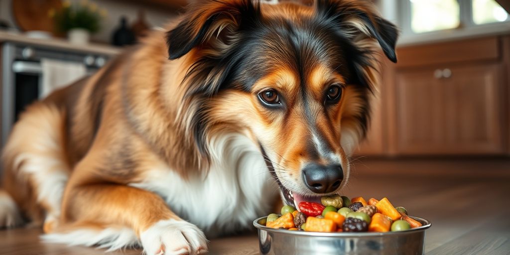 Dog eating holistic food in a cozy kitchen