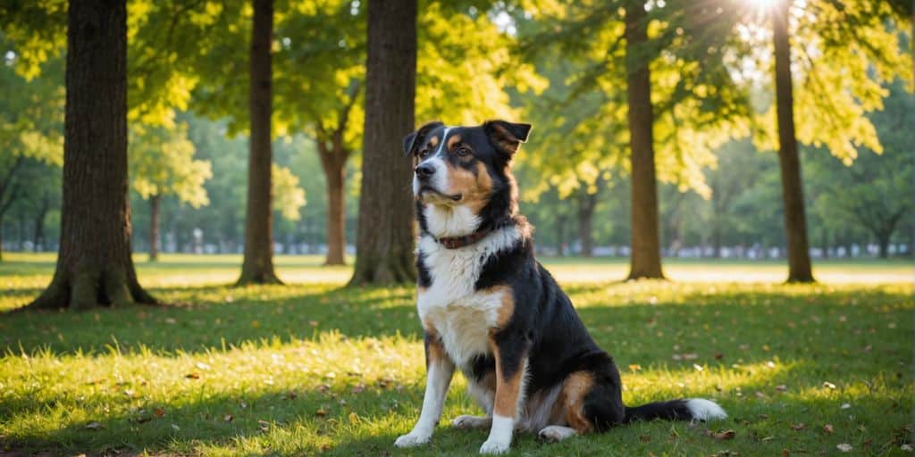 Calm dog sitting in a peaceful park