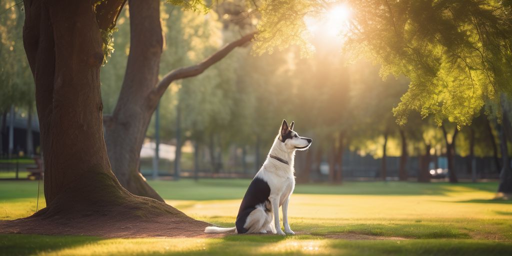 Calm dog sitting in a serene park