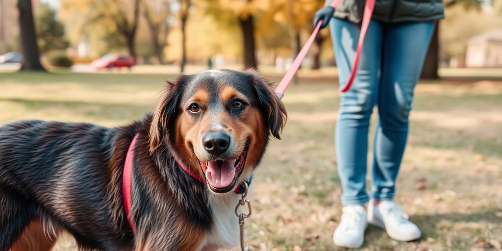 Happy dog and owner practicing leash training in park.