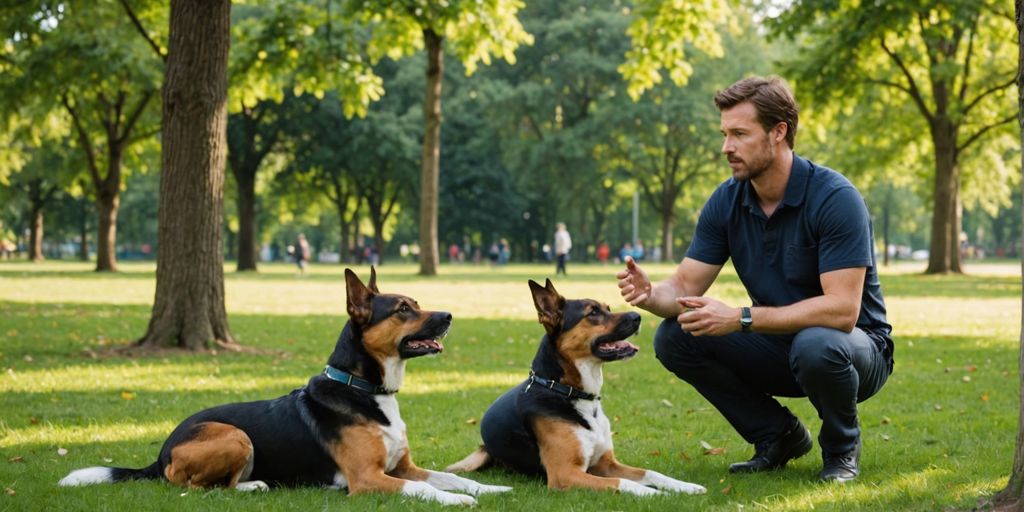 Dog trainer teaching obedience in a park