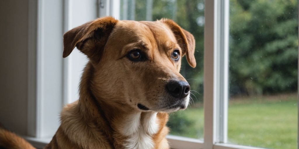 Dog looking out of a window anxiously.