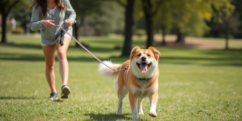 Dog and owner playing fetch in a park.