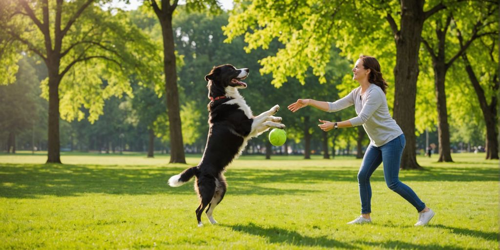 Dog and owner playing fetch in park