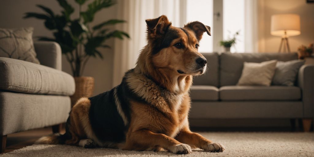 Calm dog sitting in a cozy living room.