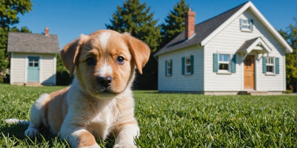 Cute puppy on grass with house in background