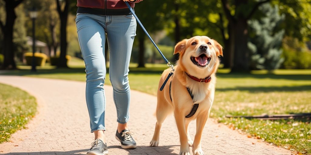 Dog and owner enjoying a walk with a leash.