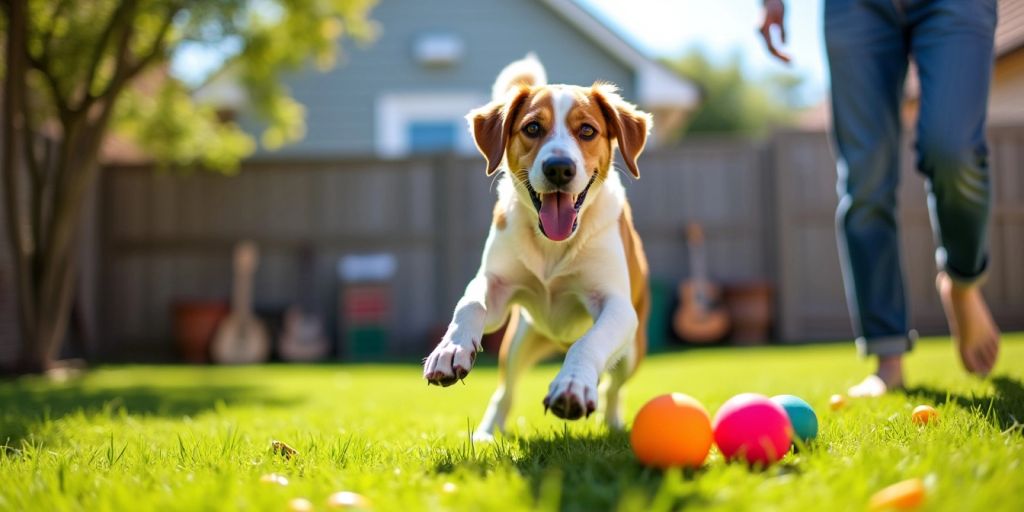 Rescue dog playing in a sunny backyard with toys.