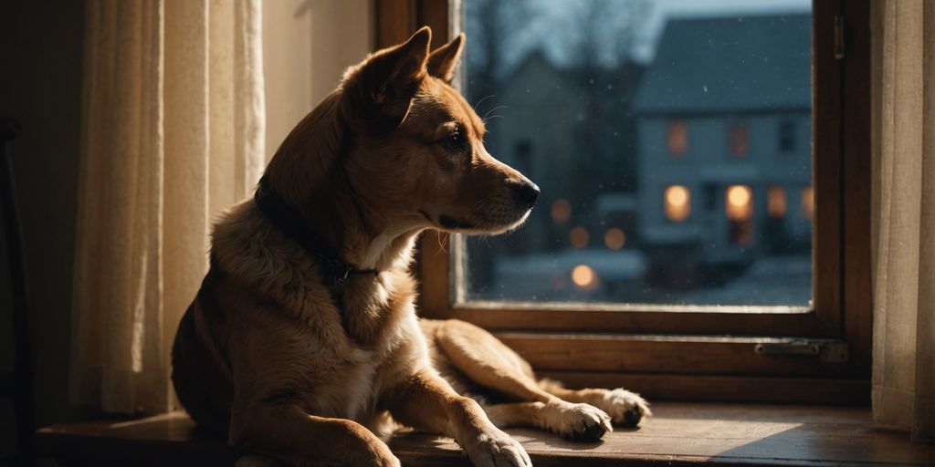 Sad dog looking out window