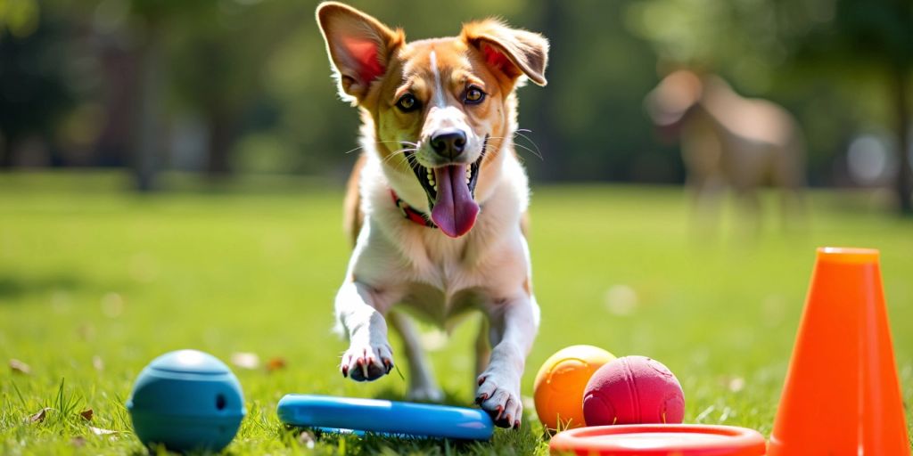 Dog playing with training toys in a sunny park.