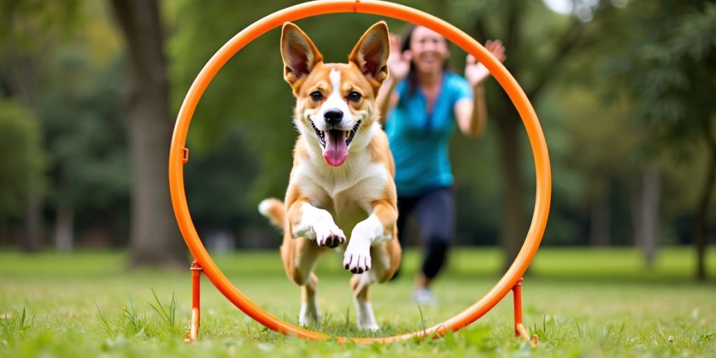 Dog jumping through hoop with trainer in park