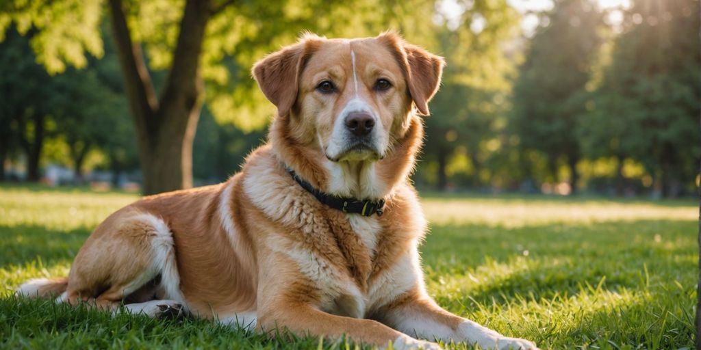 Calm dog sitting in a grassy park