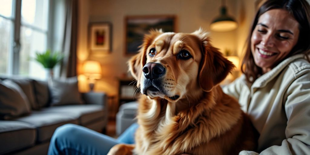 Calm dog and owner in a cozy living room.