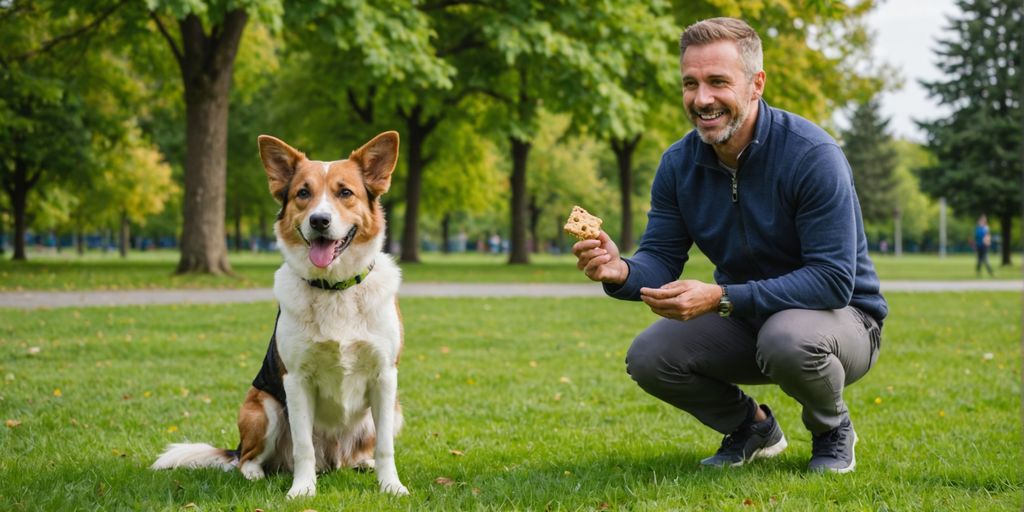 Dog sitting on grass with trainer