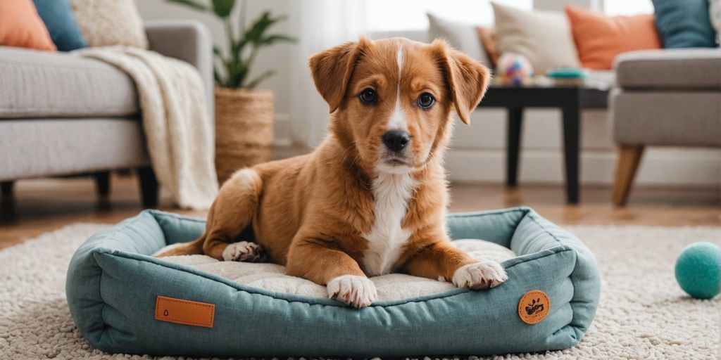 Puppy on a dog bed in a living room