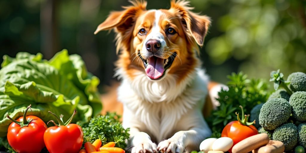 A healthy dog with fresh vegetables and herbs.