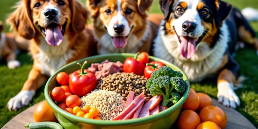 Bowl of holistic dog food with fresh ingredients.