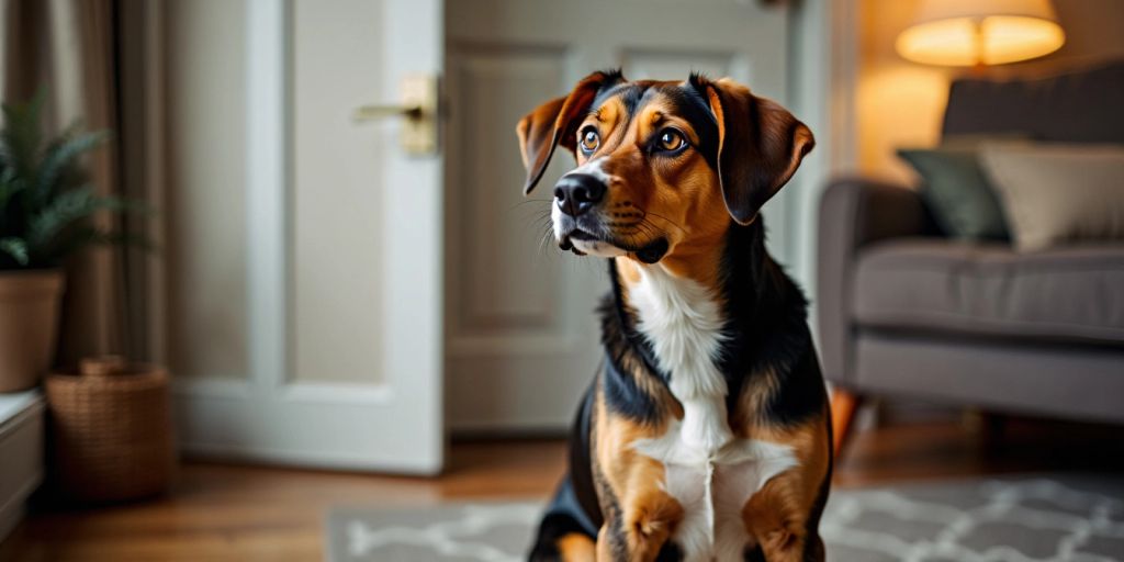 Dog sitting by a door, looking back with concern.