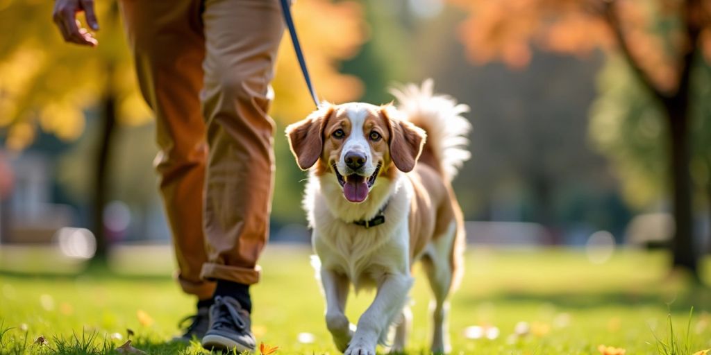 Dog and owner enjoying a leash training session outdoors.