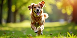 Happy dog running in a green park