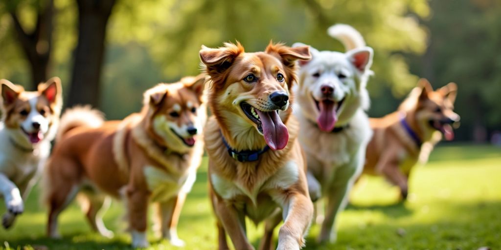 Dogs playing together in a sunny park.