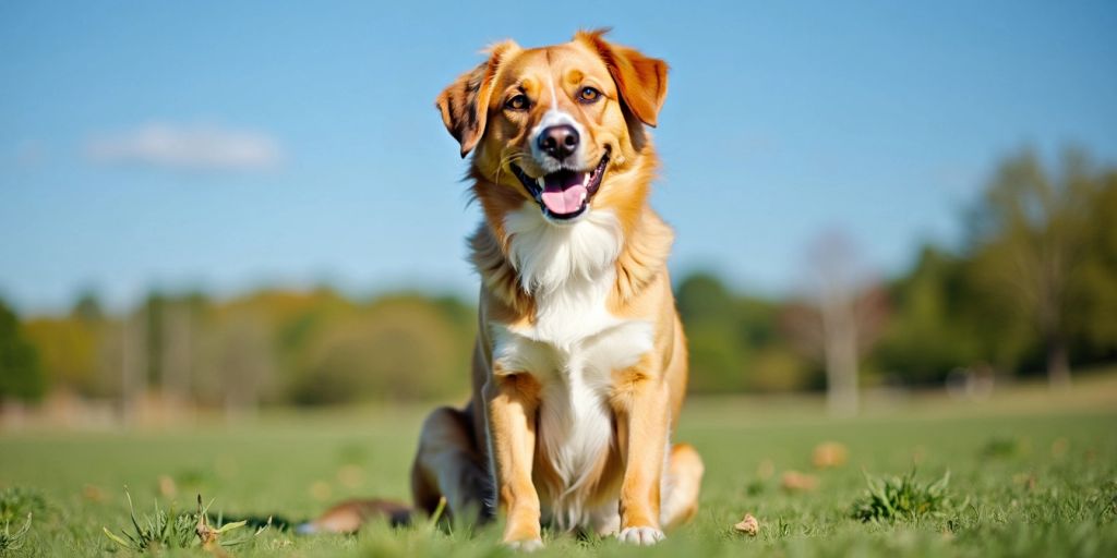 Happy dog sitting on grassy field