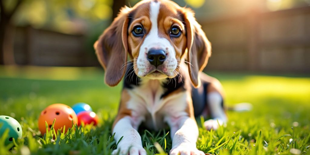 Curious Beagle puppy sitting on grass with toys.