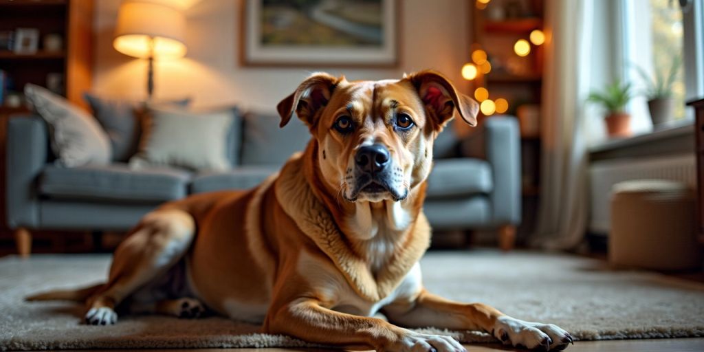 Calm dog sitting in cozy living room