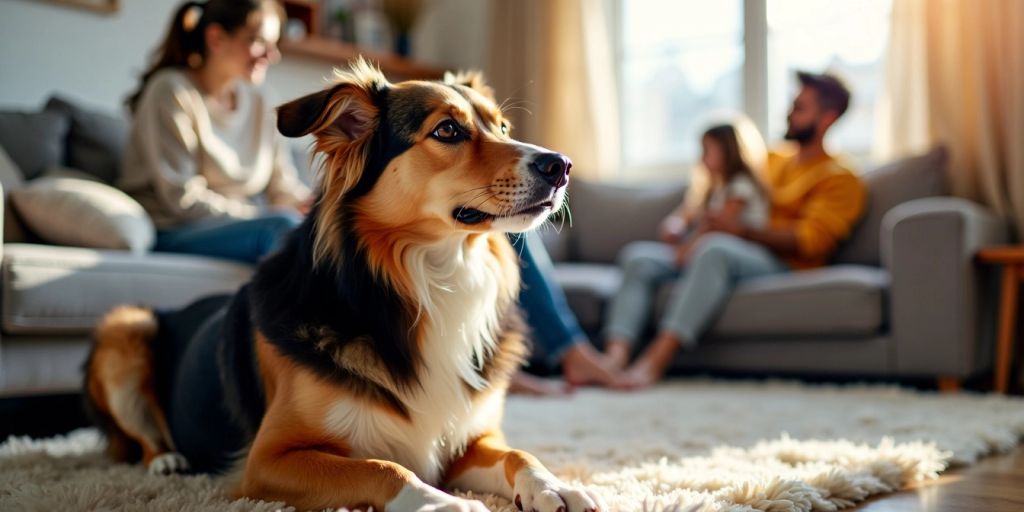 Calm dog on rug with family in background.