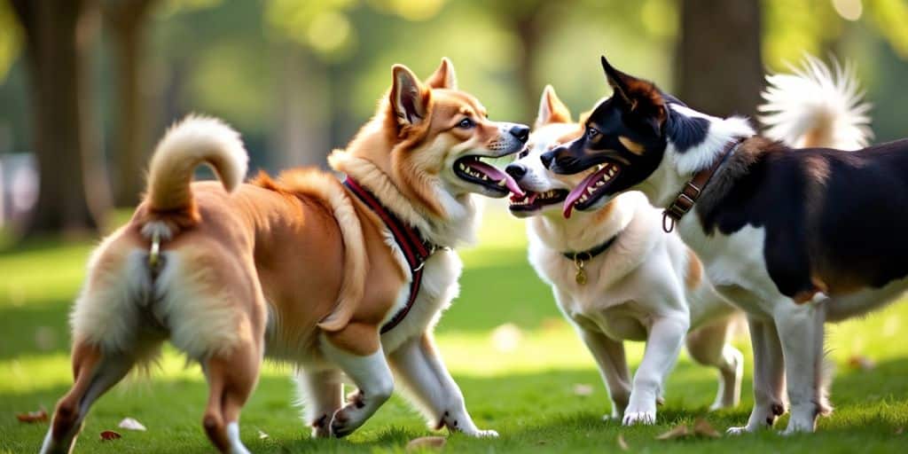 Dogs playing together in a sunny park setting.