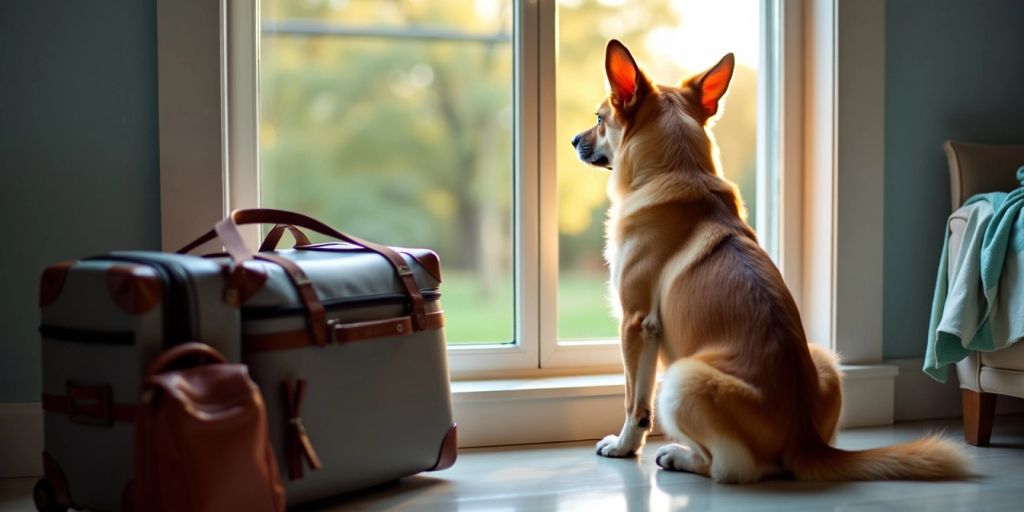 Dog looking out window with suitcase nearby.