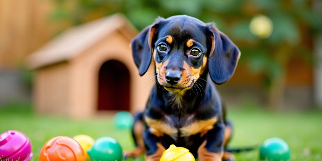 Dachshund puppy on grass with toys and dog house.