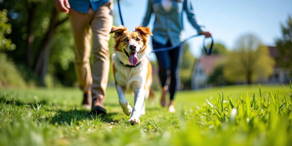 Dog and owner walking together on a sunny day.