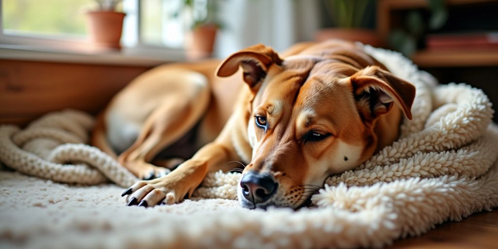 Calm dog resting in a cozy, inviting space.