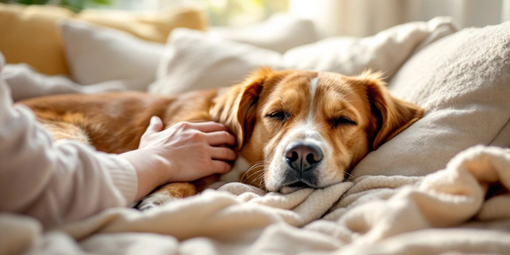 Calm dog resting in a cozy home environment.