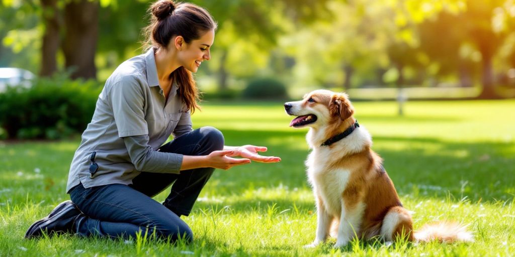 Trainer giving commands to an attentive dog outdoors.