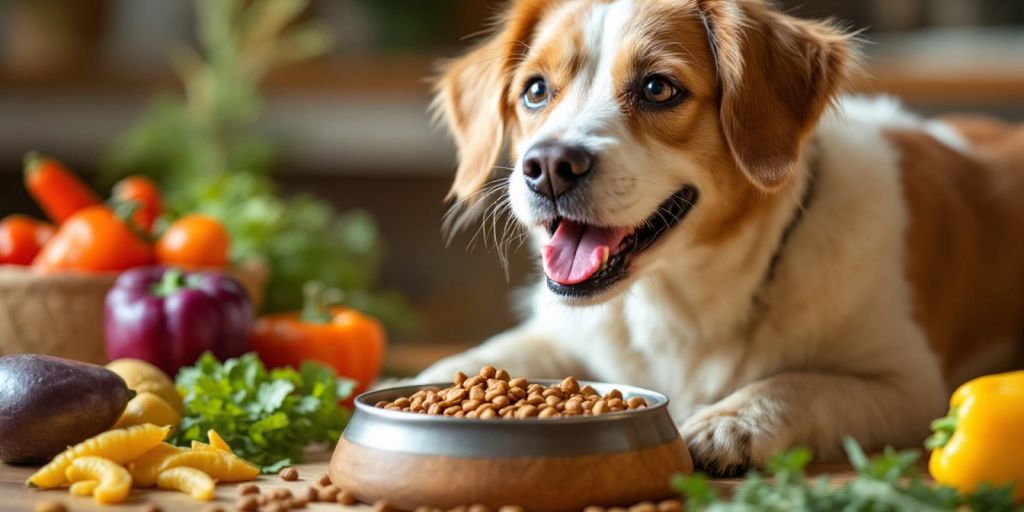 Senior dog enjoying holistic food with fresh ingredients.