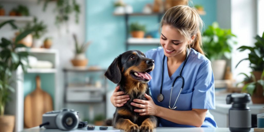 Veterinarian examining a happy dog in a clinic.