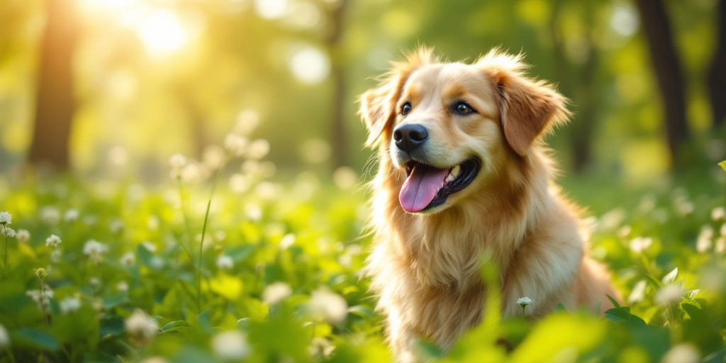 Happy dog in a field with natural herbs.