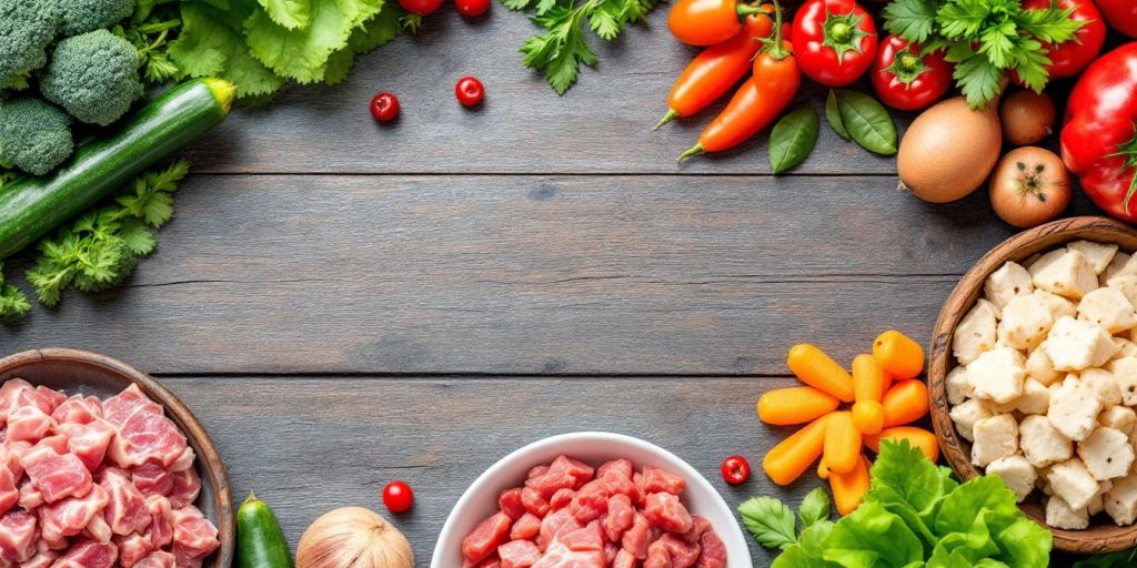 Natural dog food ingredients on a wooden surface.