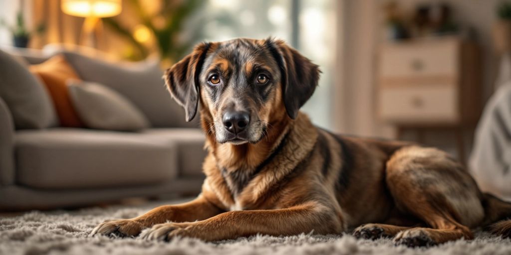 Calm dog resting in a cozy room while owner leaves.