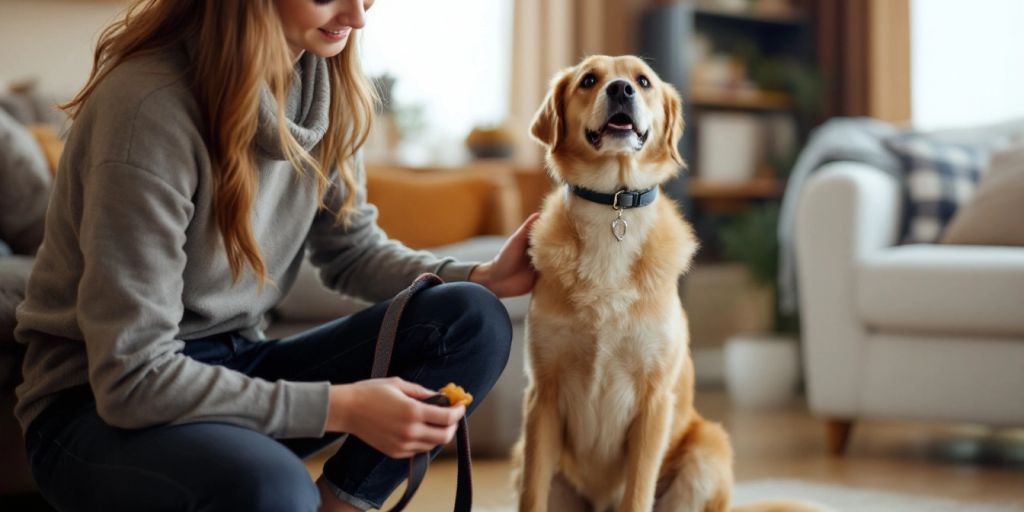 Dog training at home with a focused pet and owner.