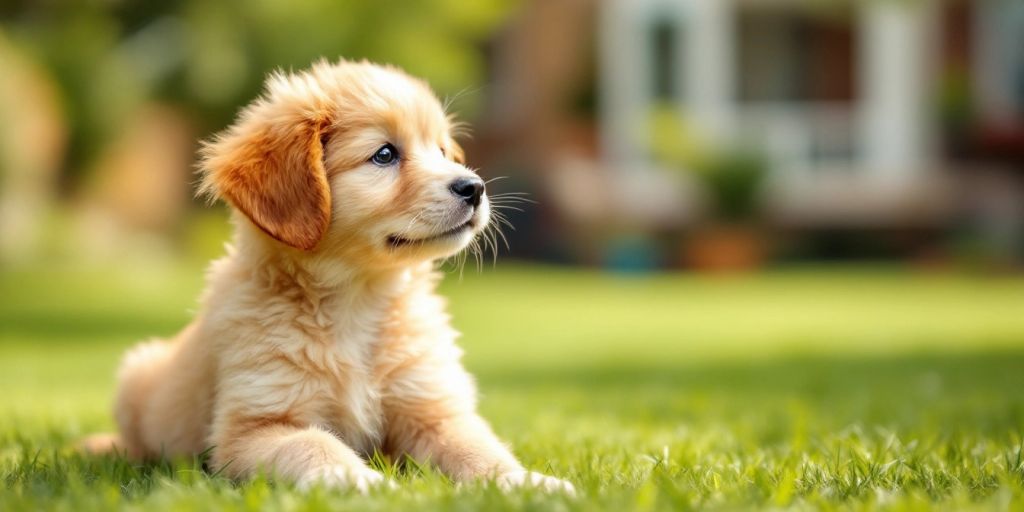 A playful puppy on a sunny lawn.