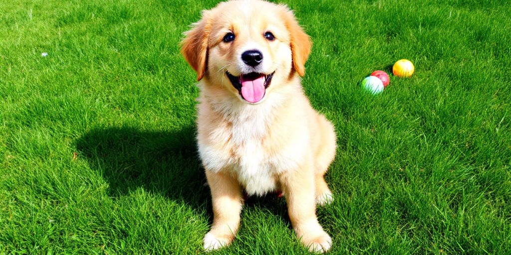 A curious puppy on a sunny grassy lawn.